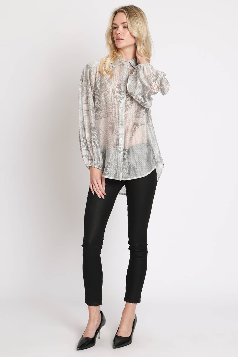 Multi-Print Sheer Button Up Shirt
