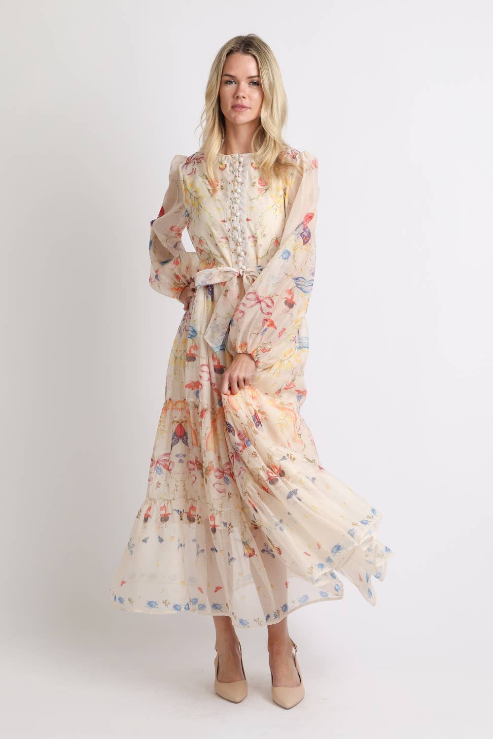Floral Print Belted Tiered Maxi Dress