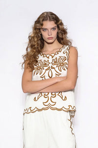 Embroidered Scalloped Sleeveless Top