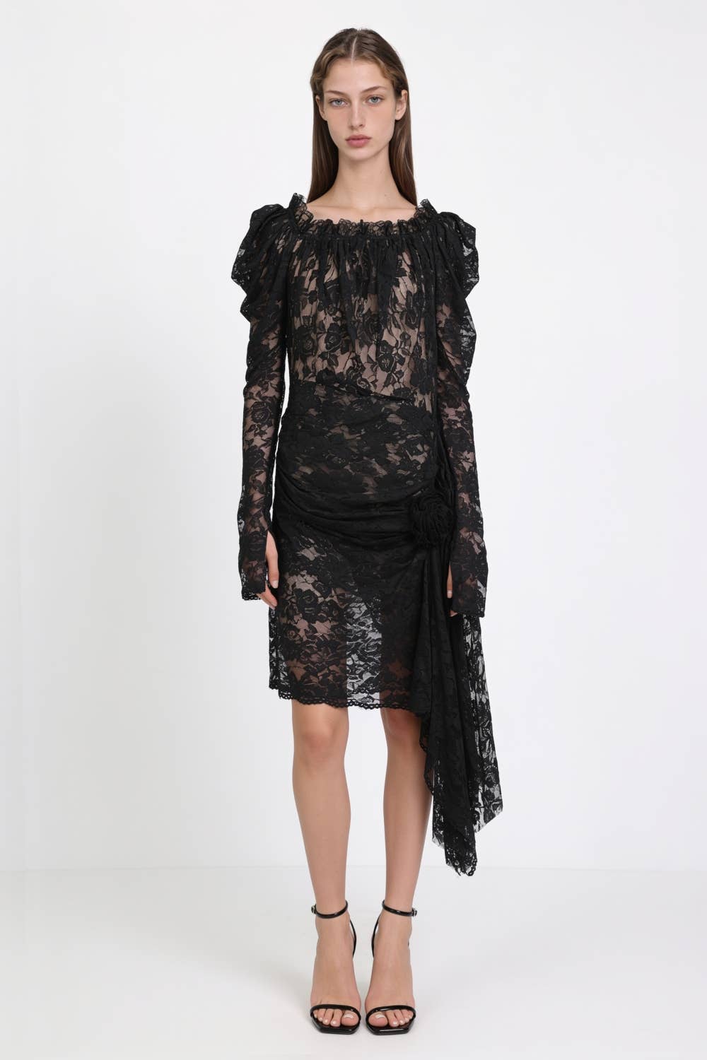 Rosette Detail Ruched Lace Asymmetric Midi Dress