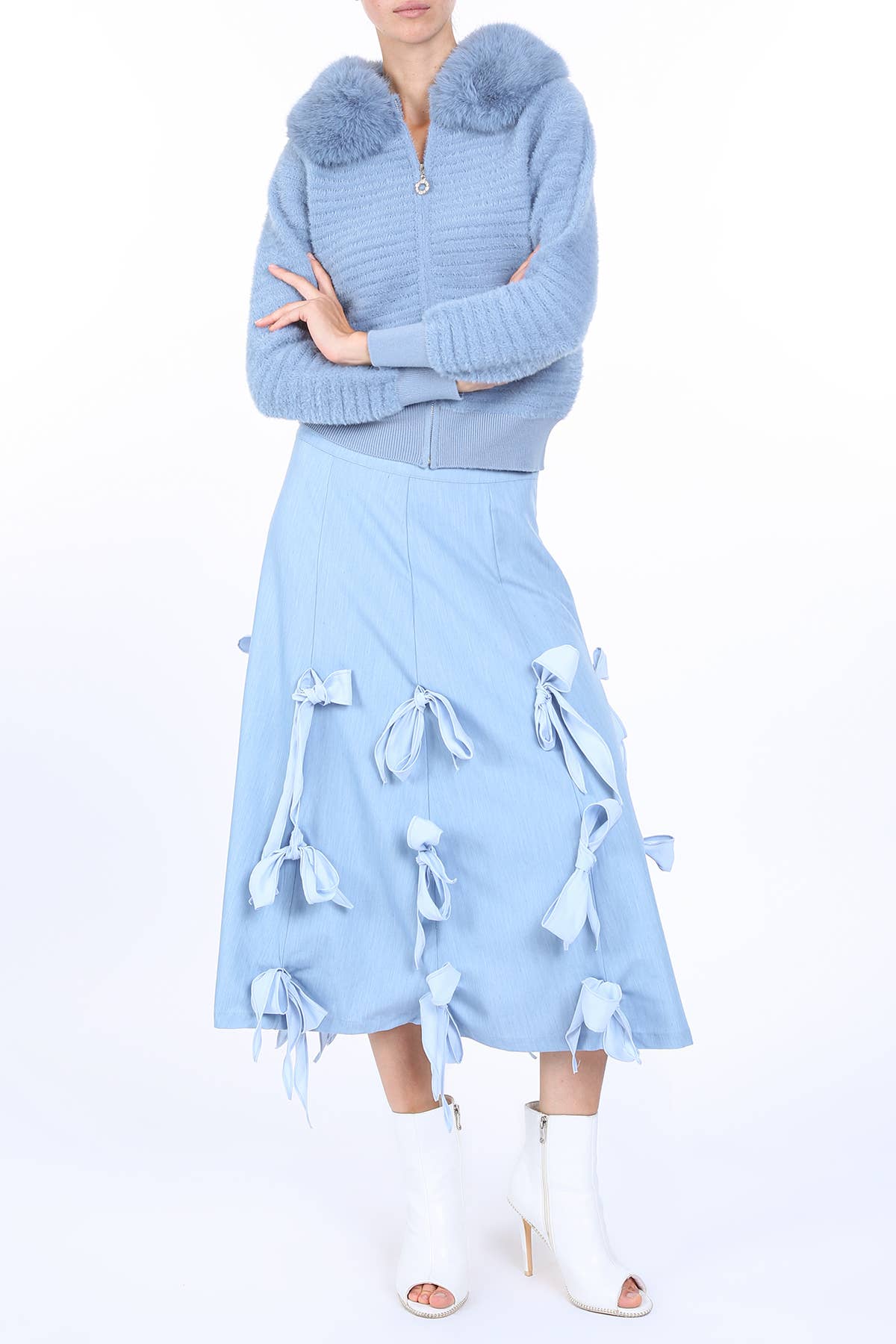 Multi Ribbon Tie Applique A-Line Midi Skirt
