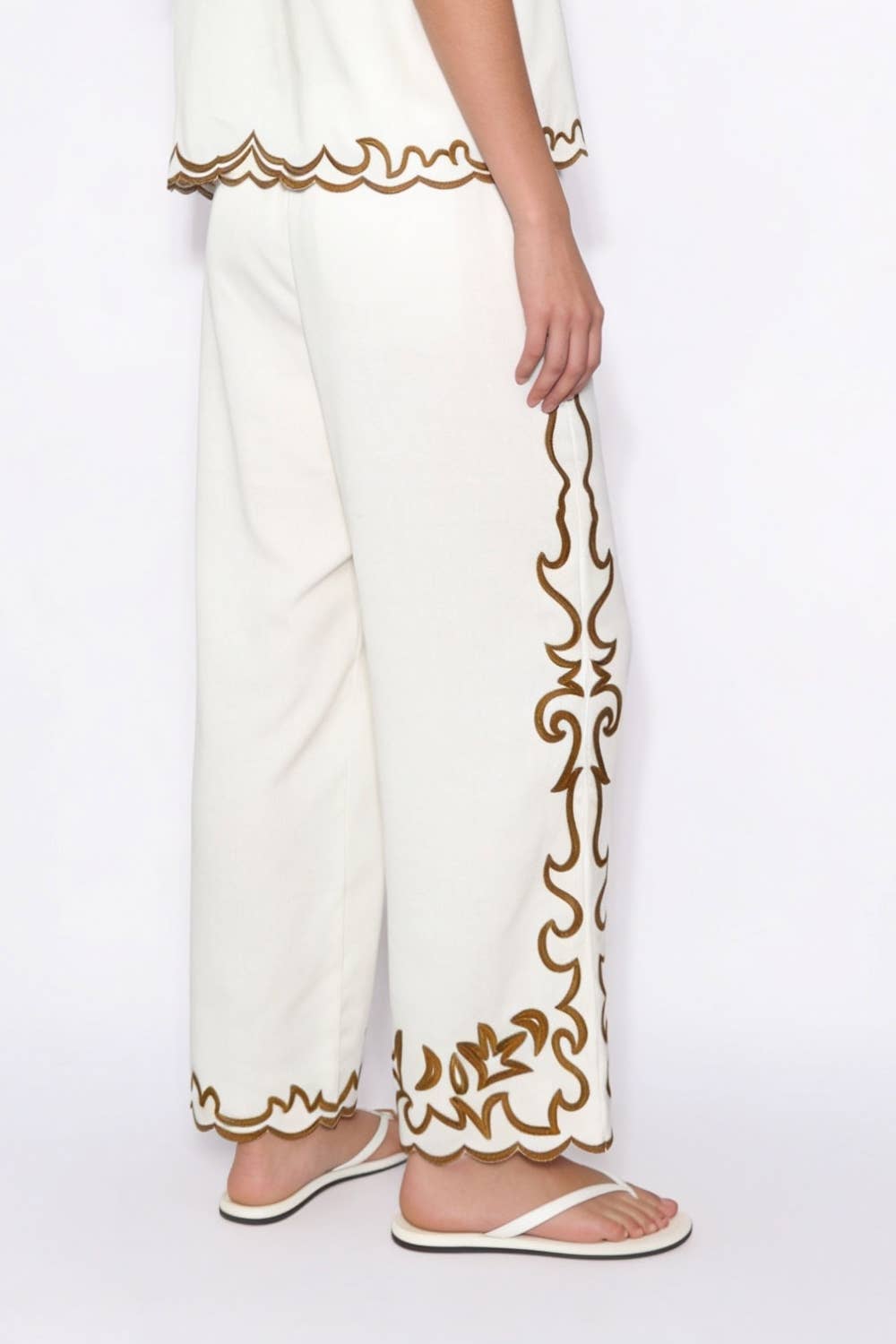 Embroidered Scalloped Wide Leg Trousers