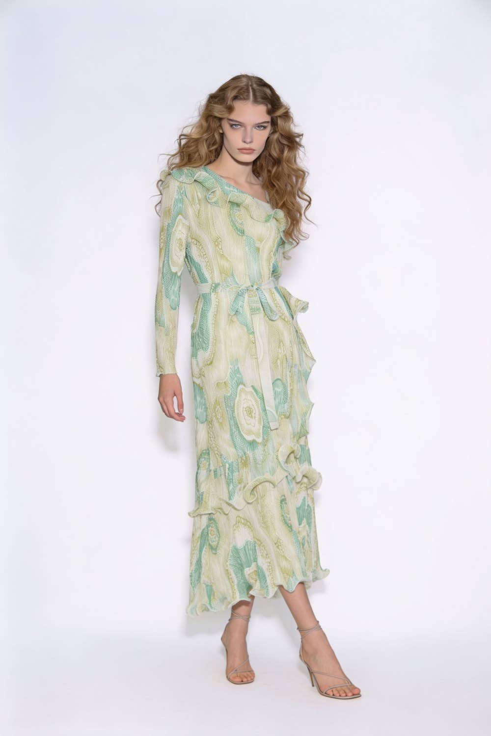 One-Shoulder Plissé Ruffled Midi Dress