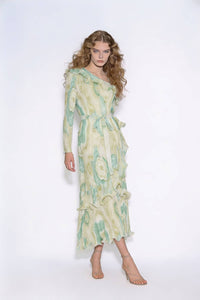 One-Shoulder Plissé Ruffled Midi Dress