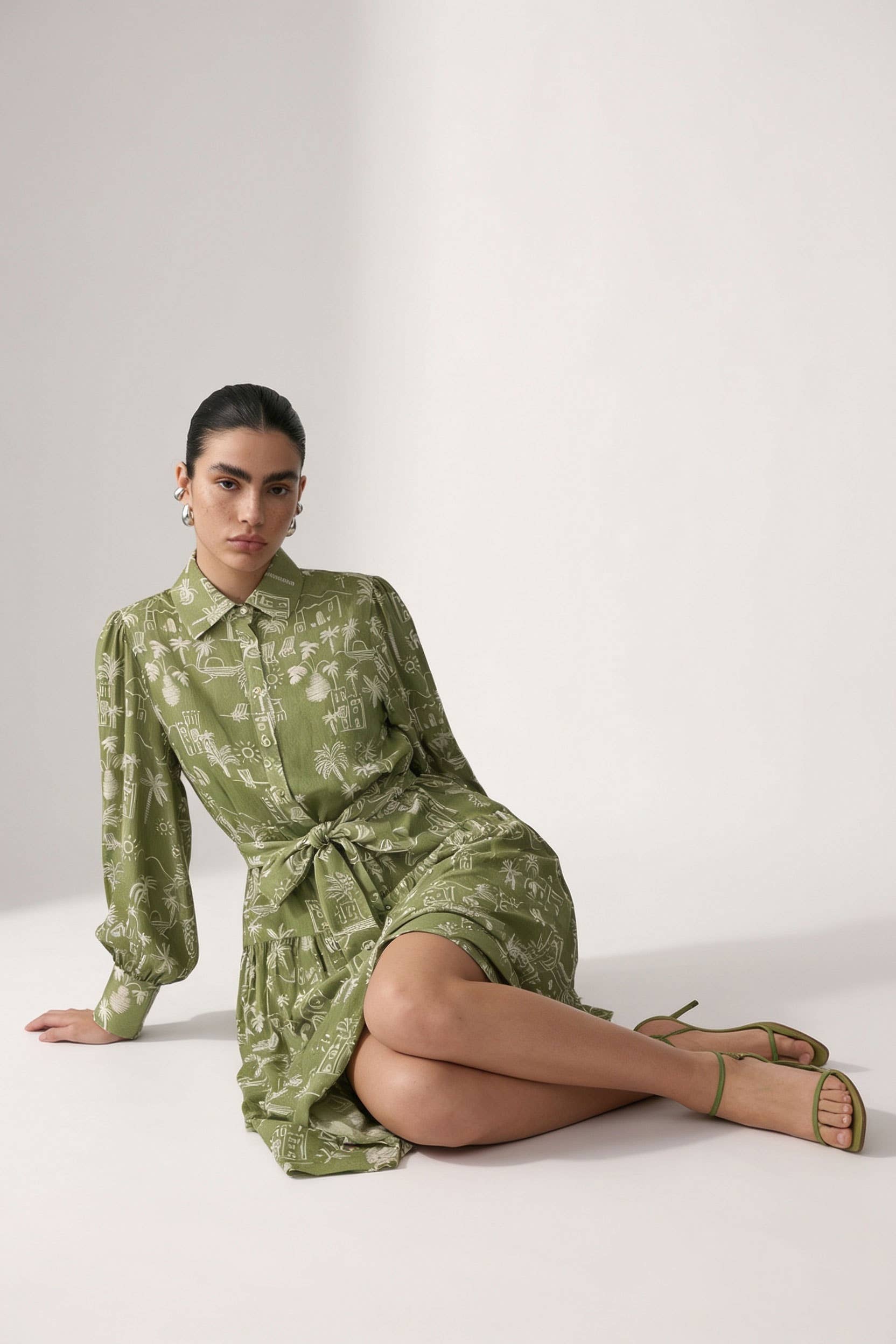 Coastal Illustrated Belted Shirt Maxi Dress