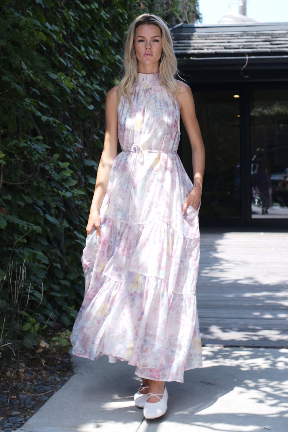 Botanical Floral Tiered High-Neck Maxi Dress