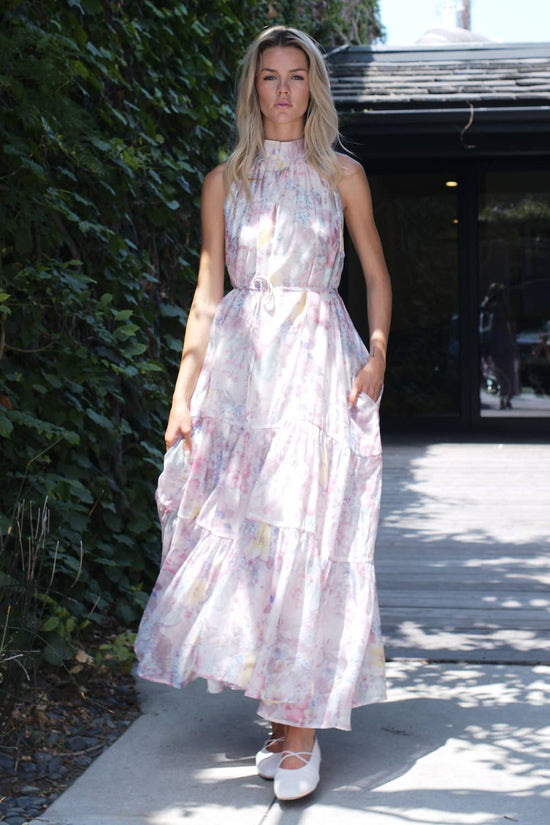 Botanical Floral Tiered High-Neck Maxi Dress
