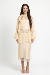 Sheer Floral Lace Tie Neck Oversized Blouse