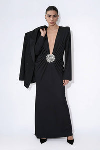 Crystal Embellished Plunge Neck Gown