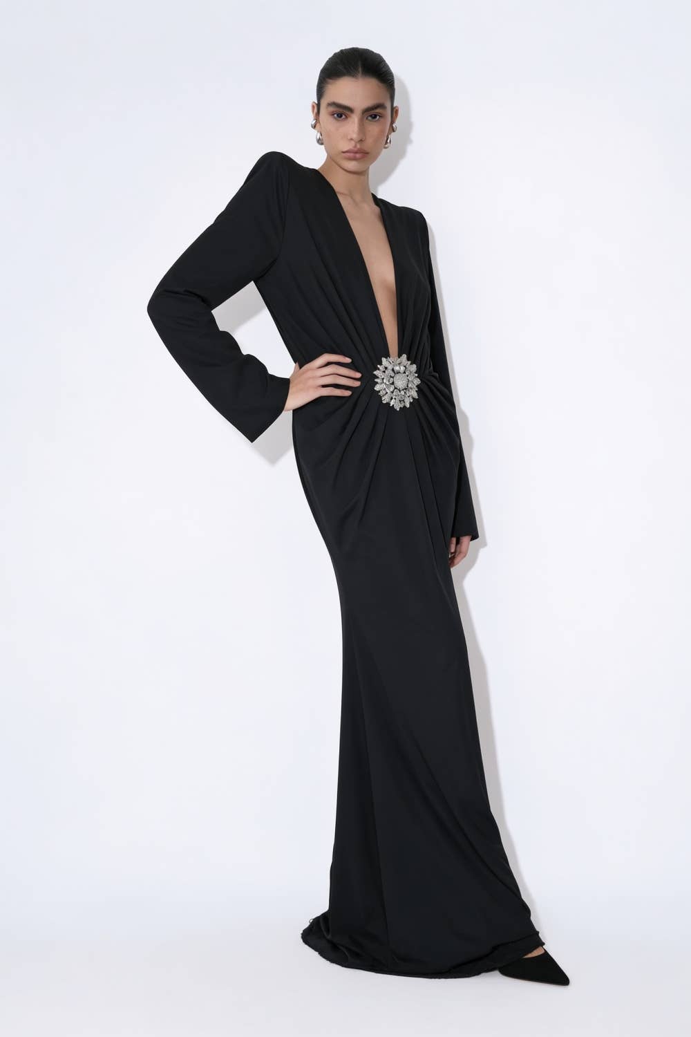 Crystal Embellished Plunge Neck Gown