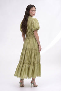 Smocked Yoke Puff Sleeve Tiered Midi Dress