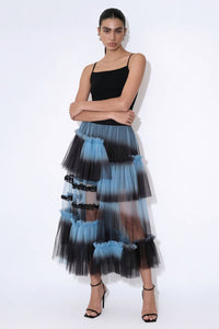 Gradient Asymmetric Tiered Tulle Midi Skirt