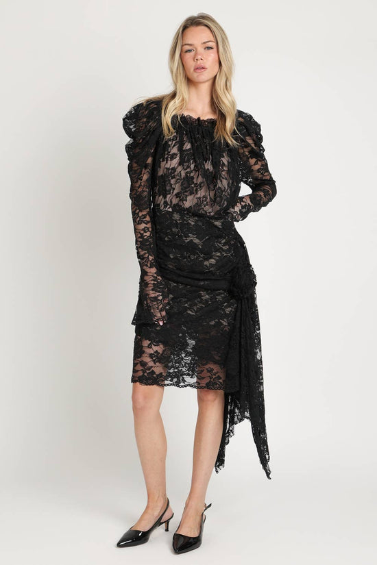 Floral Embroidered Mesh Draped Midi Dress