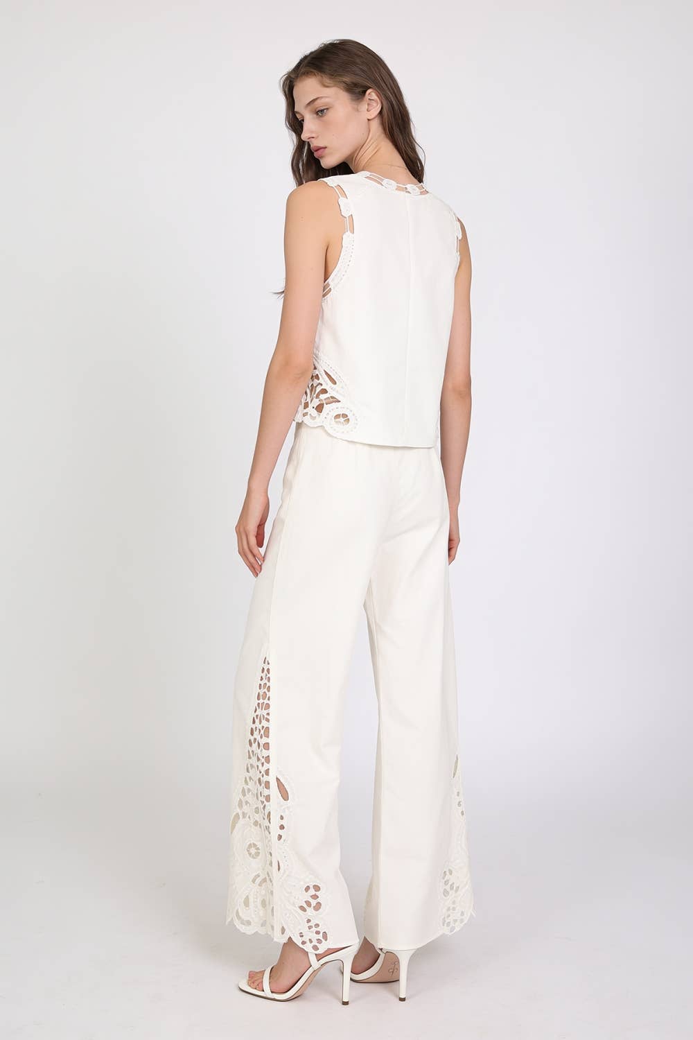 Cutout Eyelet Sleeveless Top And Wide Leg Pants Set