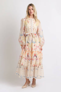 Floral Print Belted Tiered Maxi Dress