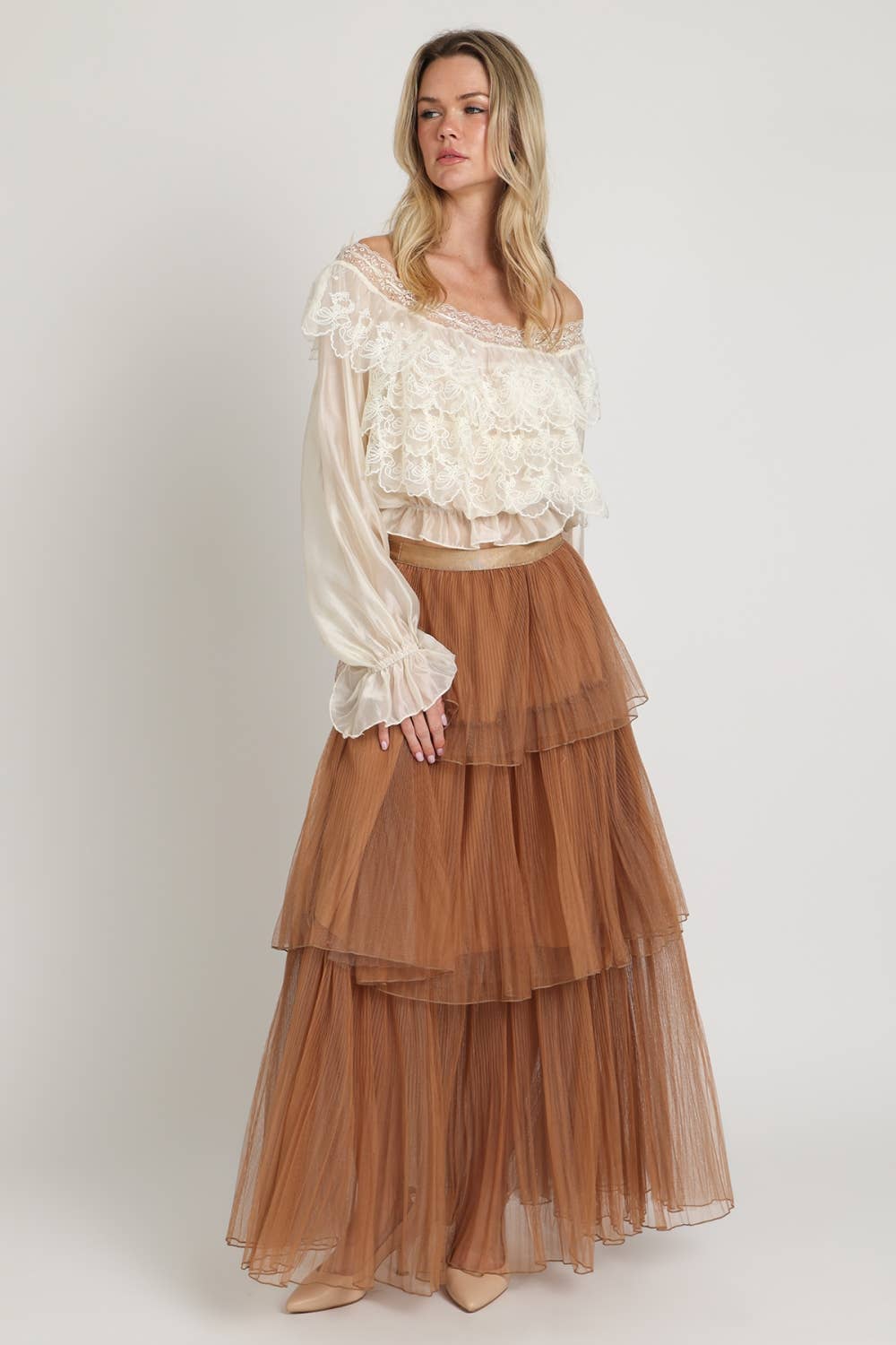Lace Embroidered Organza Ruffle Crop Top