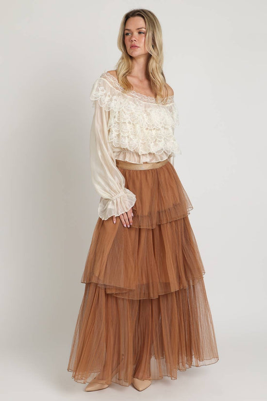 Lace Embroidered Organza Ruffle Crop Top