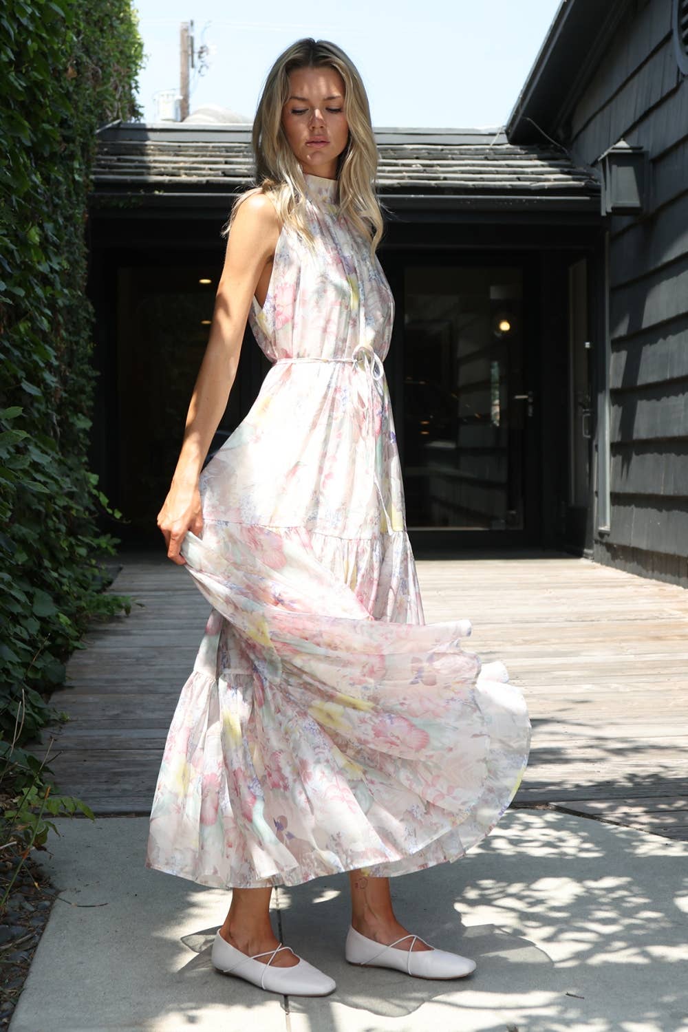 Botanical Floral Tiered High-Neck Maxi Dress