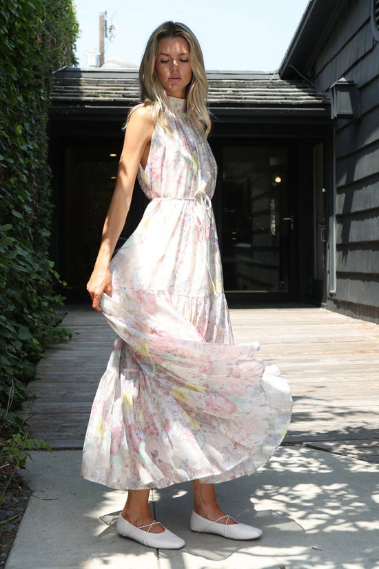 Botanical Floral Tiered High-Neck Maxi Dress