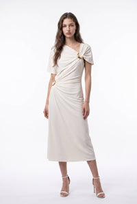 Asymmetric Ring Hardware Ruched Midi Dress