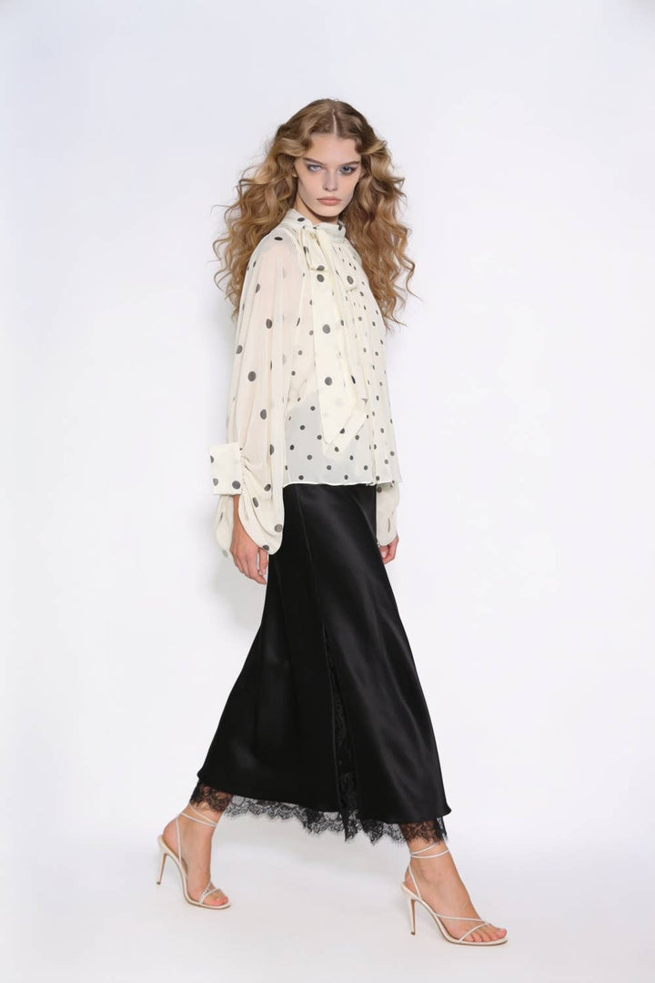 Polka Dot Tie-Neck Sheer Chiffon Blouse