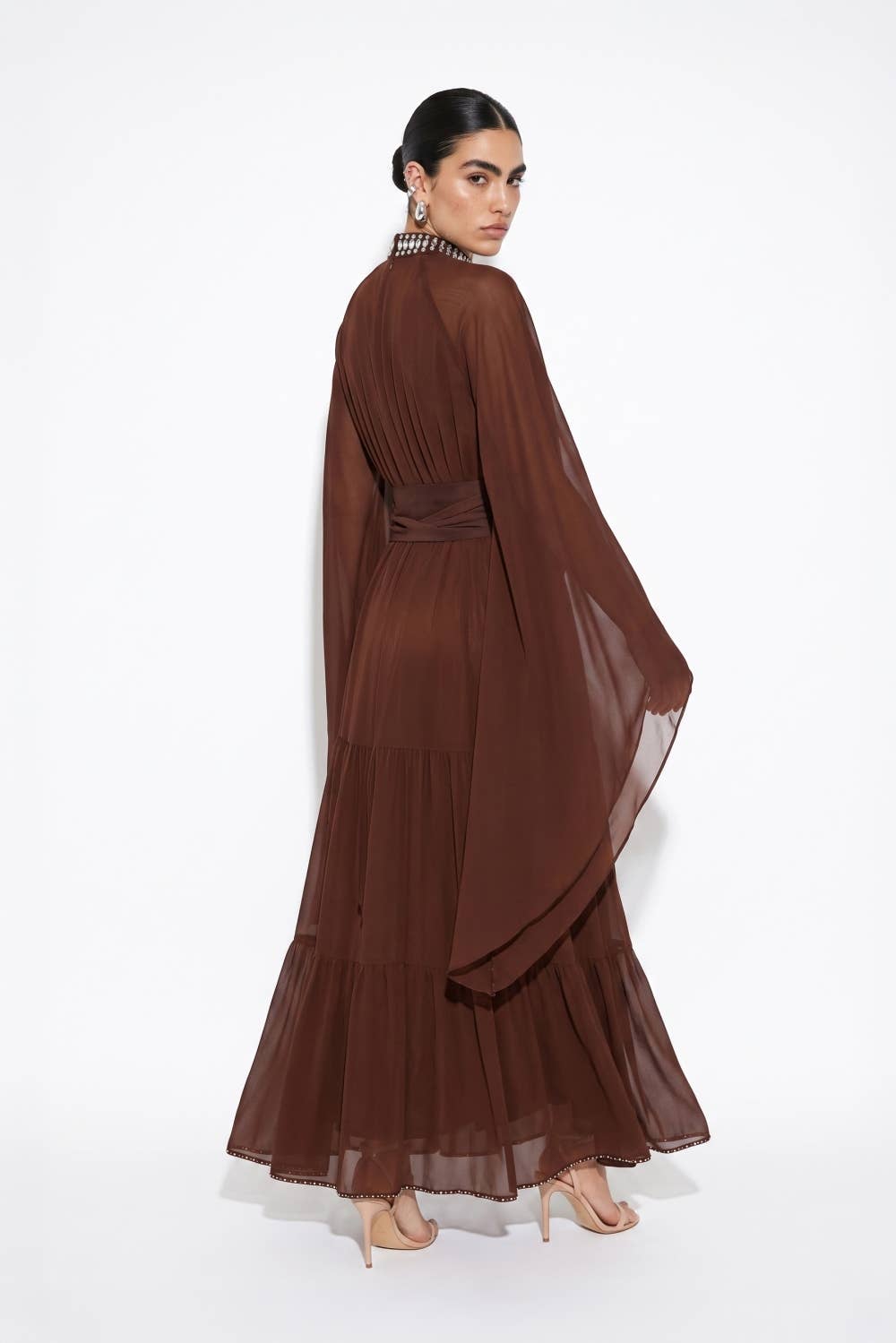 Crystal Embellished Draped Cape Gown