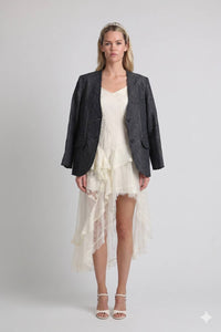 Collarless Contrast Stitched Textured Woven Blazer