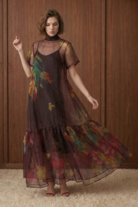 Floral Print Sheer Organza Tie Neck Maxi Dress