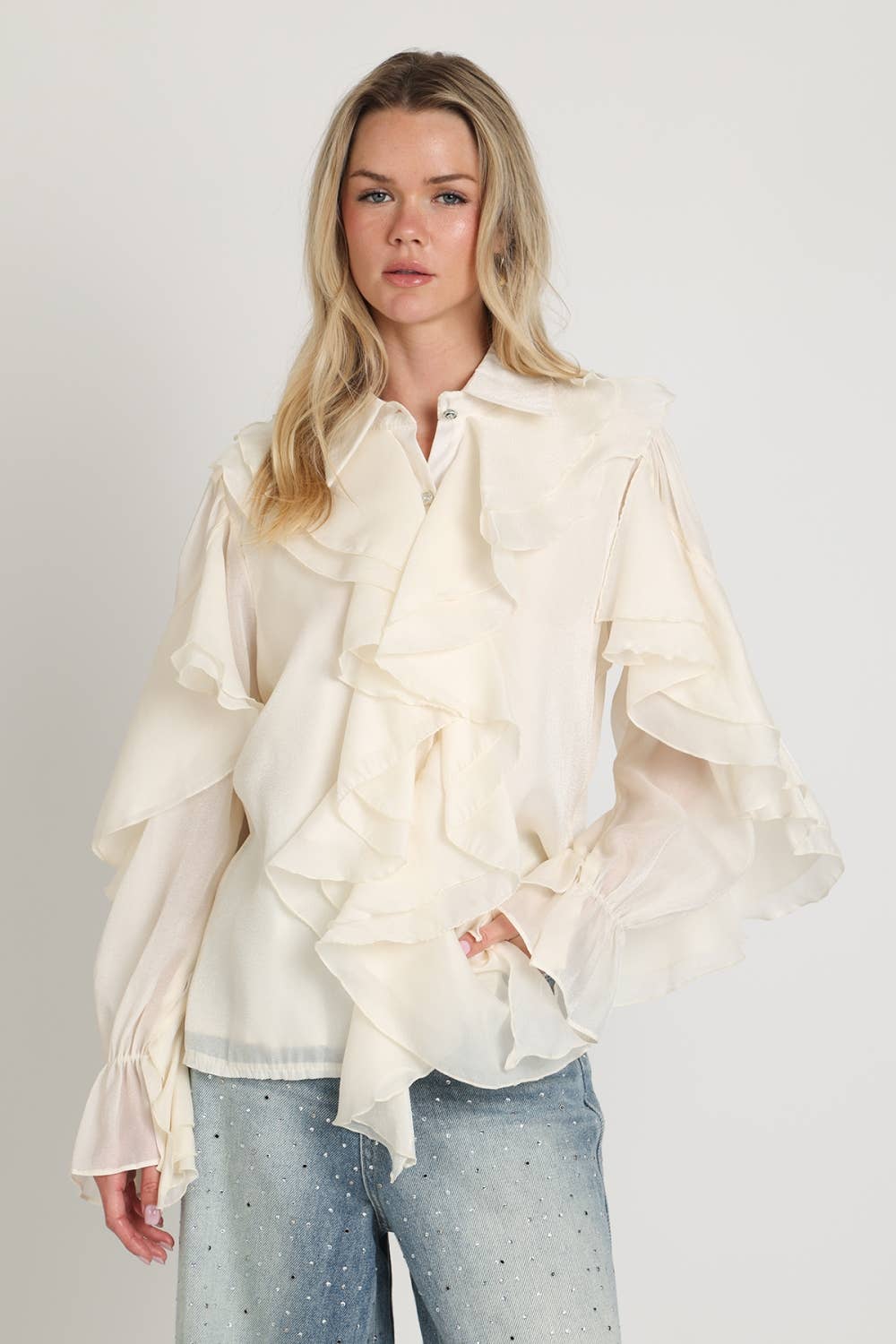 Shimmer Organza Voluminous Ruffled Blouse