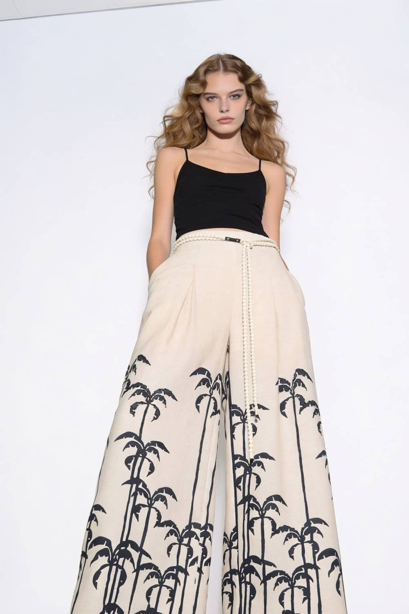 Palm Embroidered Beaded Belt Wide-Leg Trousers