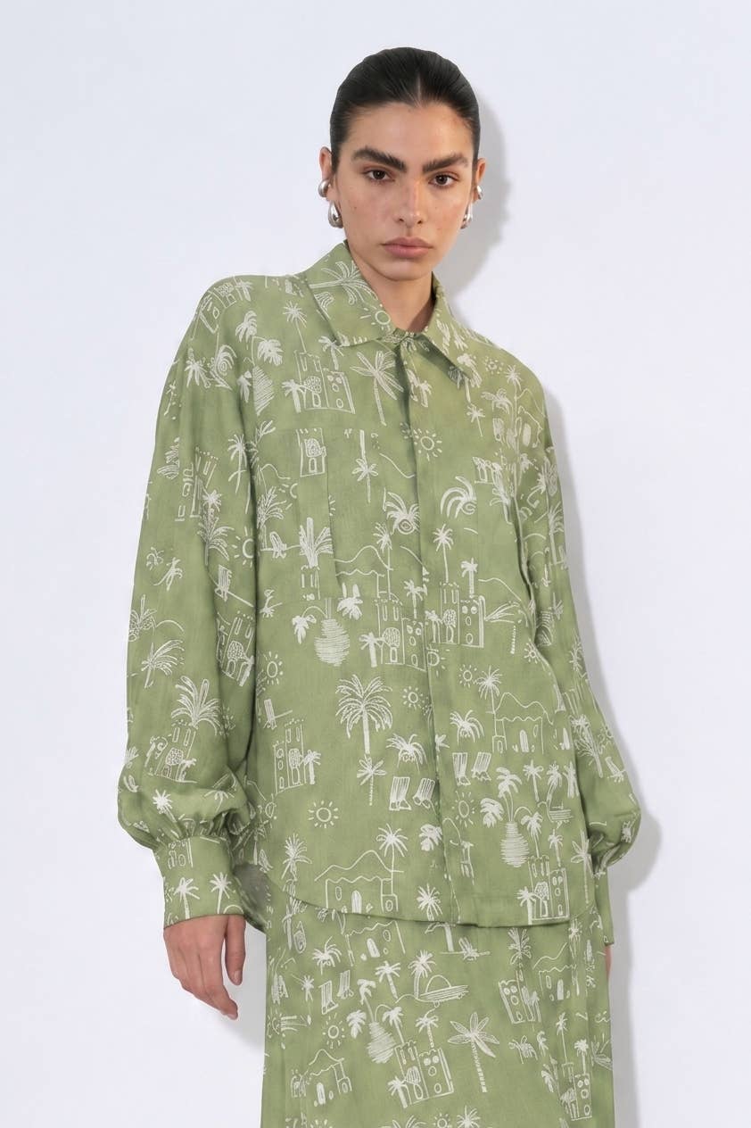 Coastal Illustrated Button Front Long Sleeve Blouse