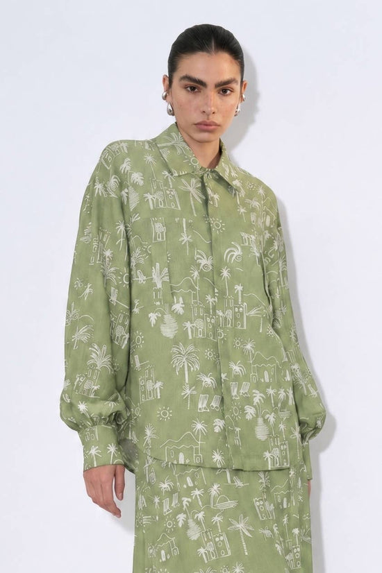 Coastal Illustrated Button Front Long Sleeve Blouse