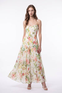 Botanical Print Corset Seamed Maxi Dress