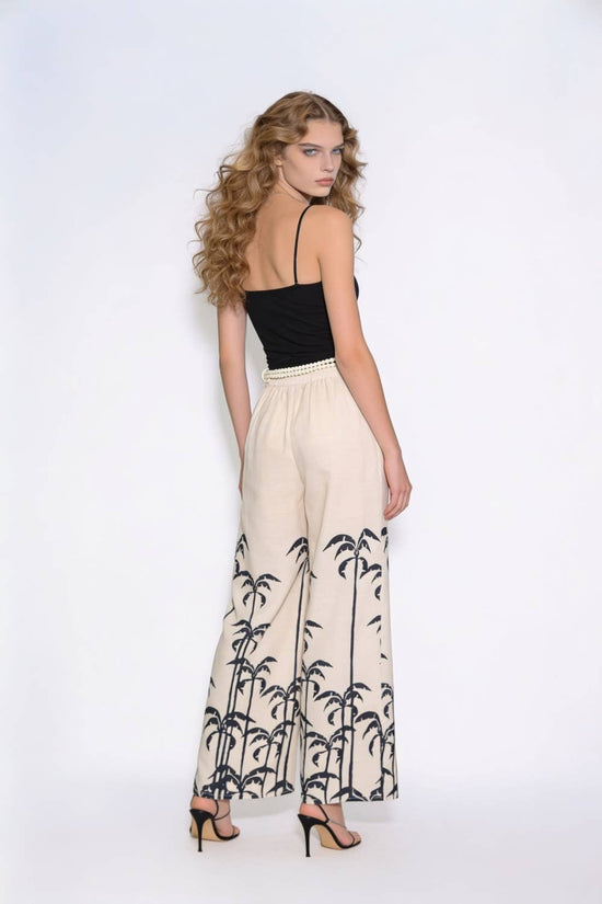 Palm Embroidered Beaded Belt Wide-Leg Trousers