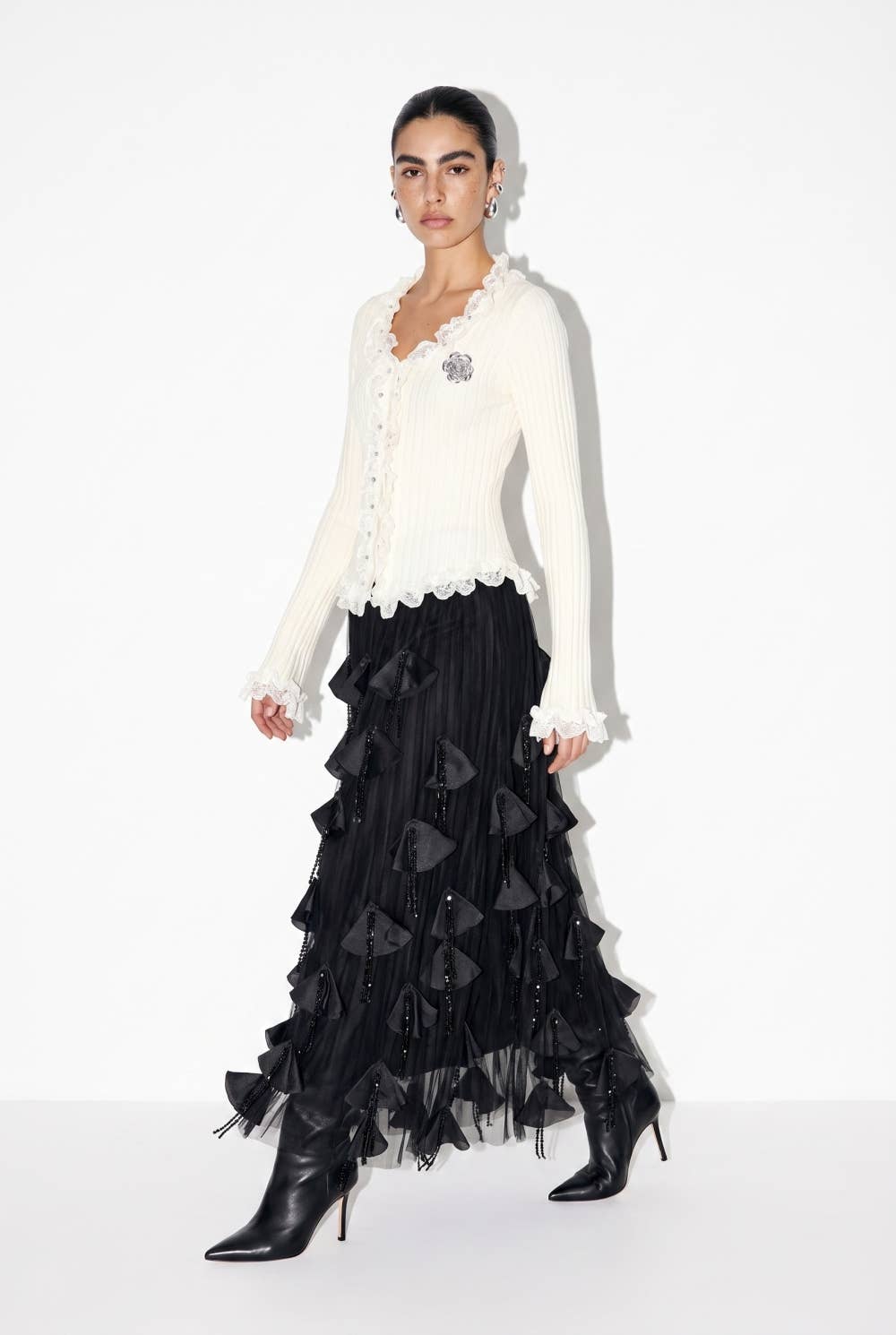 Ribbed Lace Trim Button Front Top