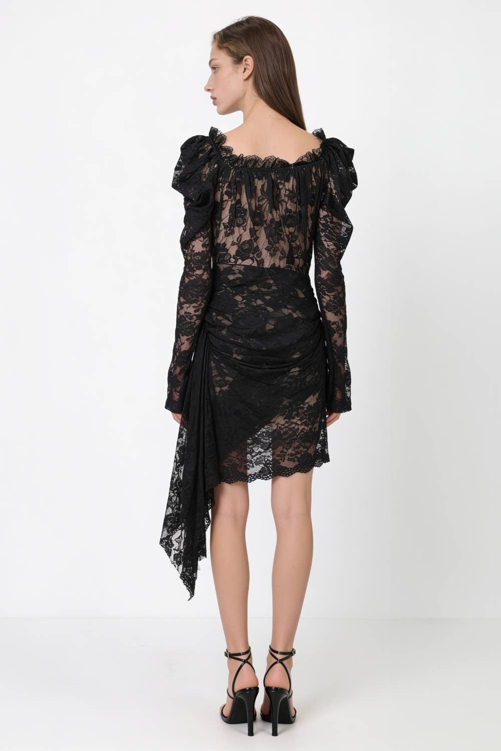 Rosette Detail Ruched Lace Asymmetric Midi Dress
