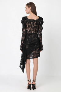 Rosette Detail Ruched Lace Asymmetric Midi Dress