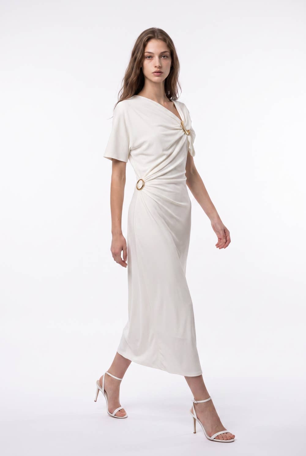 Asymmetric Ring Hardware Ruched Midi Dress