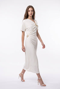 Asymmetric Ring Hardware Ruched Midi Dress