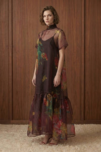 Floral Print Sheer Organza Tie Neck Maxi Dress