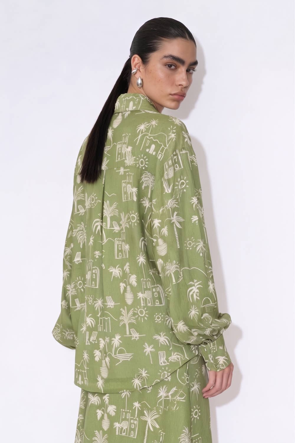 Coastal Illustrated Button Front Long Sleeve Blouse