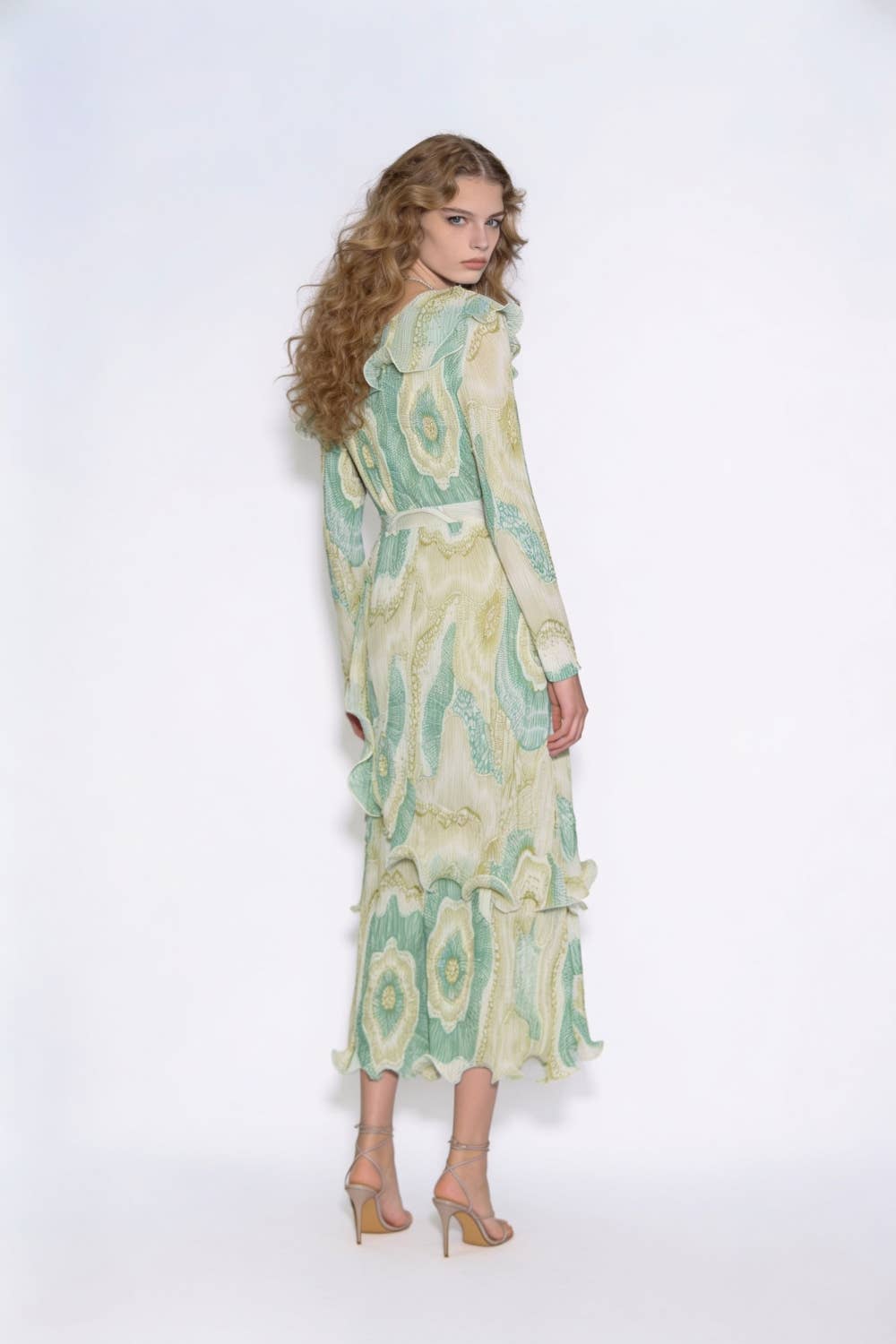 One-Shoulder Plissé Ruffled Midi Dress