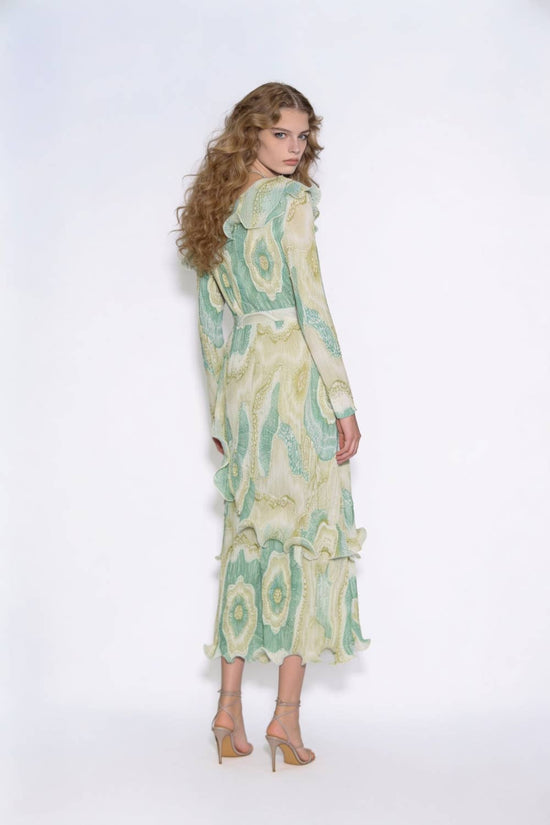 One-Shoulder Plissé Ruffled Midi Dress