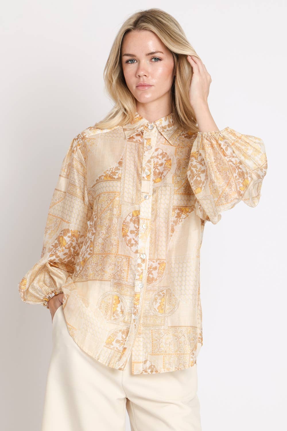 Multi-Print Sheer Button Up Shirt