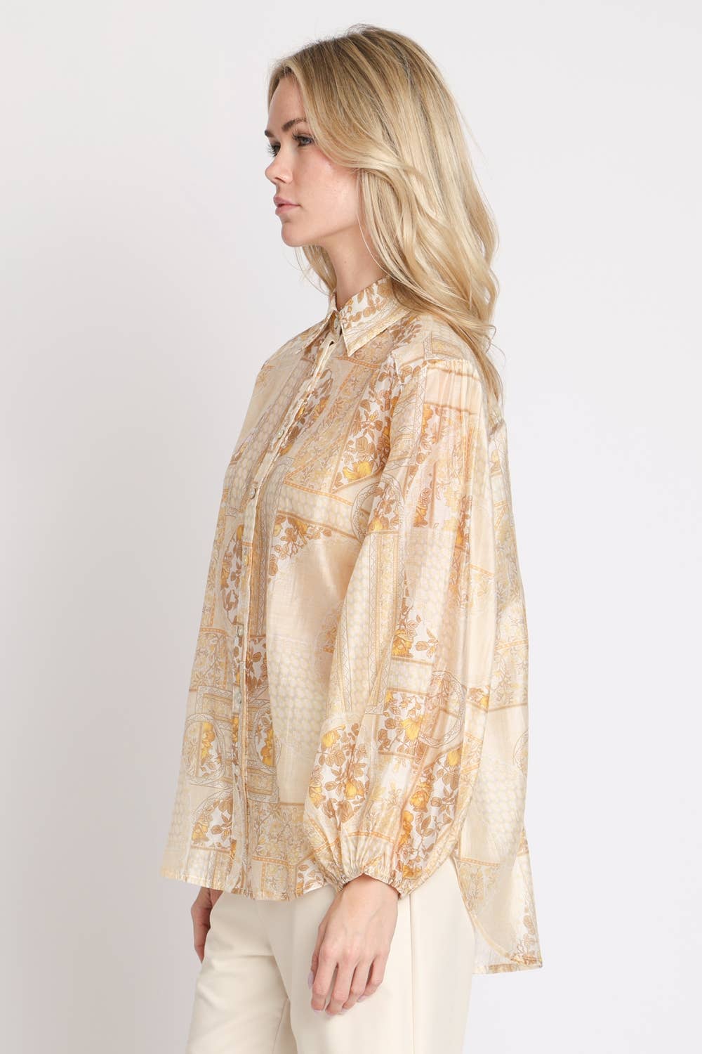 Multi-Print Sheer Button Up Shirt