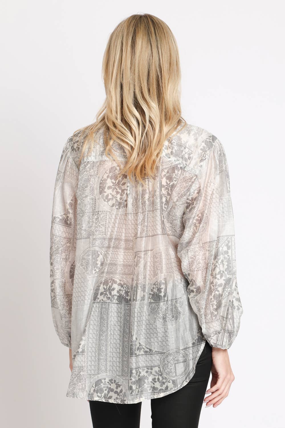 Multi-Print Sheer Button Up Shirt