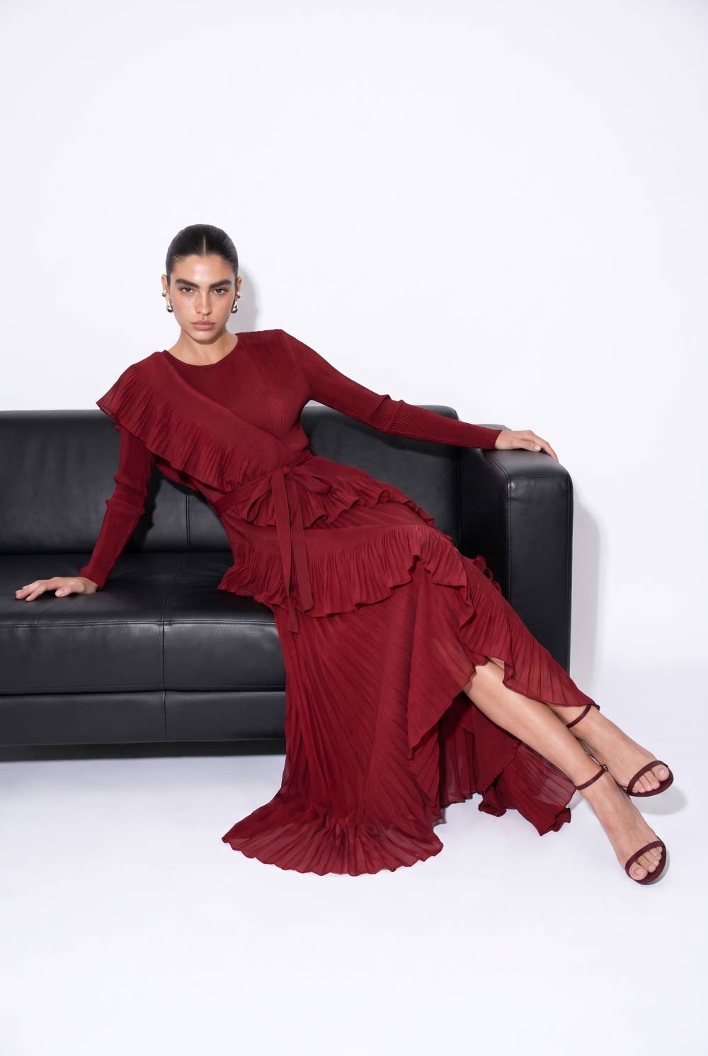 Asymmetric Micro-Pleated Ruffle Maxi Dress - image 1