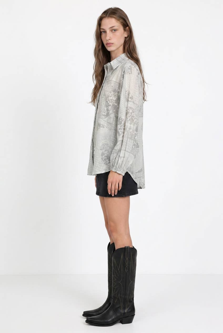 Multi-Print Sheer Button Up Shirt