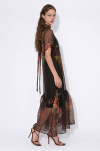 Floral Print Sheer Organza Tie Neck Maxi Dress