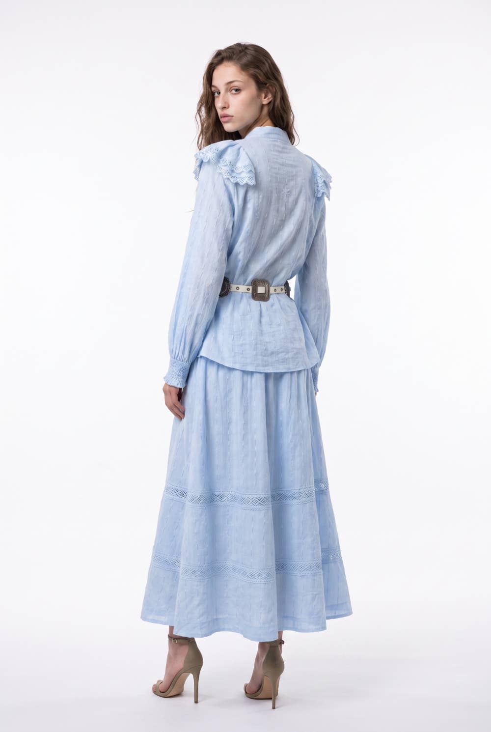 Eyelet Trim Pin-Tuck Blouse And Maxi Skirt Set